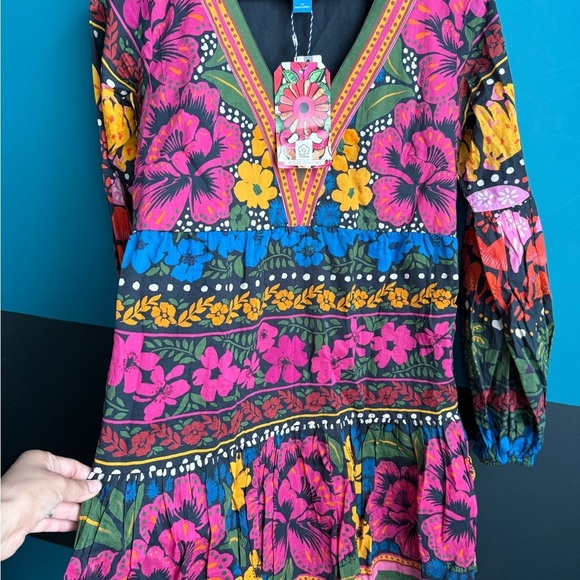 NWT FARM Rio Embellished Pink and Blue Bishop Sleeve Sundress 100% Cotton XS - Picture 8 of 16